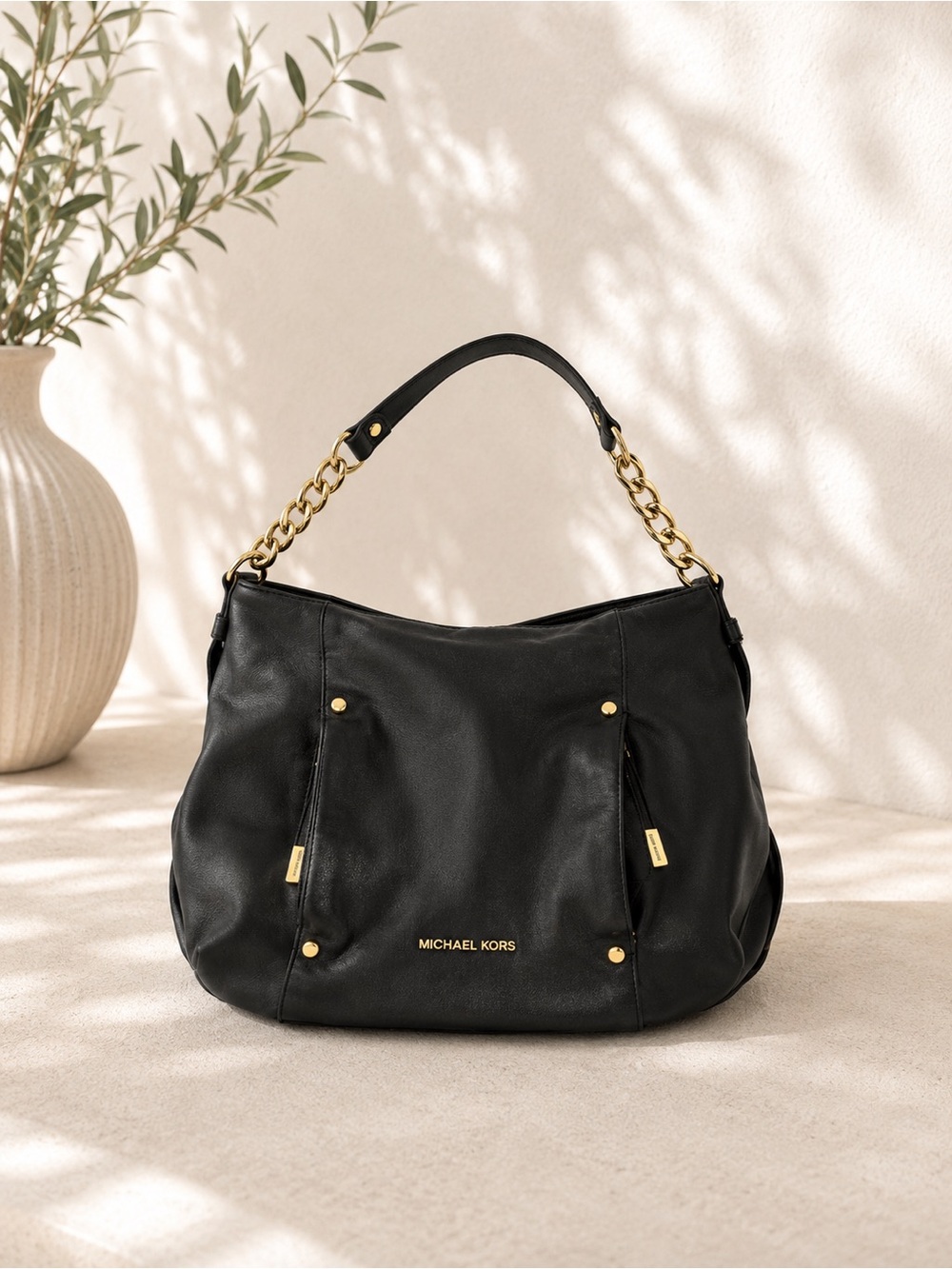 Michael Kors Black Leather Chain Strap Hobo Shoulder Bag Gold Hardware Slouchy
